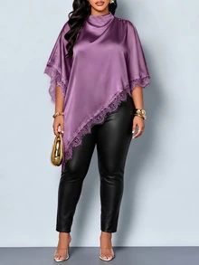 SOLERSUN Plus Size Women's Satin Lace Trim Asymmetric Blouse, Suitable For Dinner Parties And Shopping - Purple - View 4