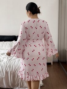 Napfluff CURVE Napfluff CURVE Plus Size Cute Heart Print Lace Patchwork Robe, Drawstring Waist, Ruffle Bell Sleeve, Hemline Detail, Loose Fit Women's Sleepwear - Pink - View 2