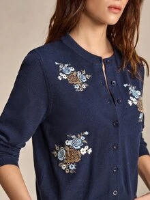 BizChic 2026新款冬季女款海軍藍刺繡鈕扣開襟衫，百搭萬用，適用萬聖節、聖誕節、十月、啤酒節、返校、舞會、新年、拿破崙風、優雅派對、休閒、正式、社交、假期、通勤、商務、專業、戶外、生日、畢業派對、民事婚禮、教堂、畢業典禮 - 藏蓝色 - 查看 3