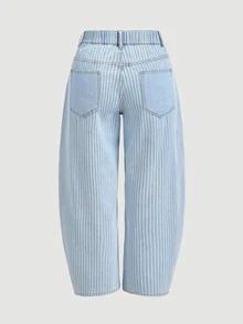 SHEIN CURVE+ Plus Size Women's Striped Pattern Pocket Design Button Straight Leg Casual Jeans - Blue - View 8