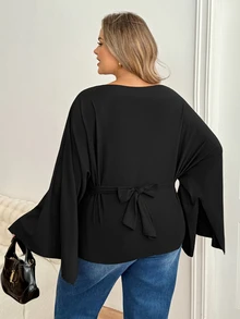 SHEIN CURVE+ Women's 22W Solid Color Pleated Casual Versatile Daily Travel T-Shirt - Black - View 2