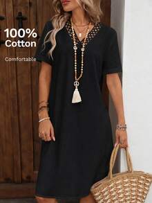 EMERY ROSE Women's Vacation Casual Plain V-Neck Hollow Patchwork Mid-Length Short Sleeve Dress Brunch Black - Black - View 9
