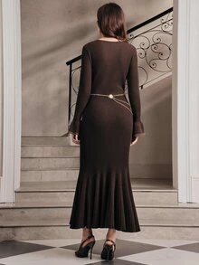 Anewsta Gaun Sweater Lengan Panjang Bodycon Pas Badan dari Bahan Rajut Organza Cokelat untuk Wanita - Coffee Brown - View 7
