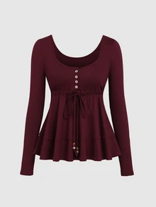 Sweetra Women's Autumn/Winter Tie-Up Flared Long Sleeve Round Neck T-Shirt - Green - View 1