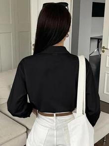 DAZY 女款素色休閒長袖襯衫，適合日常穿著 - 黑色 - 查看 2
