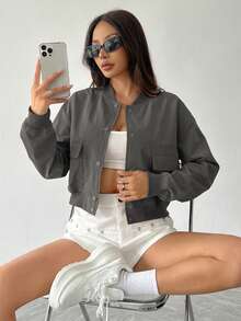 Flirla Women's Button Long Sleeve Fashion Loose Baseball Jacket - Dusty Purple - View 5