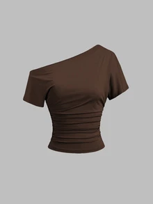 Sweetra Spring/Summer New Women's Design High Street Chic Sexy Asymmetrical Shoulder Slim Fit Flattering Sports Versatile Comfortable Streetwear T-Shirt - Brown - View 3
