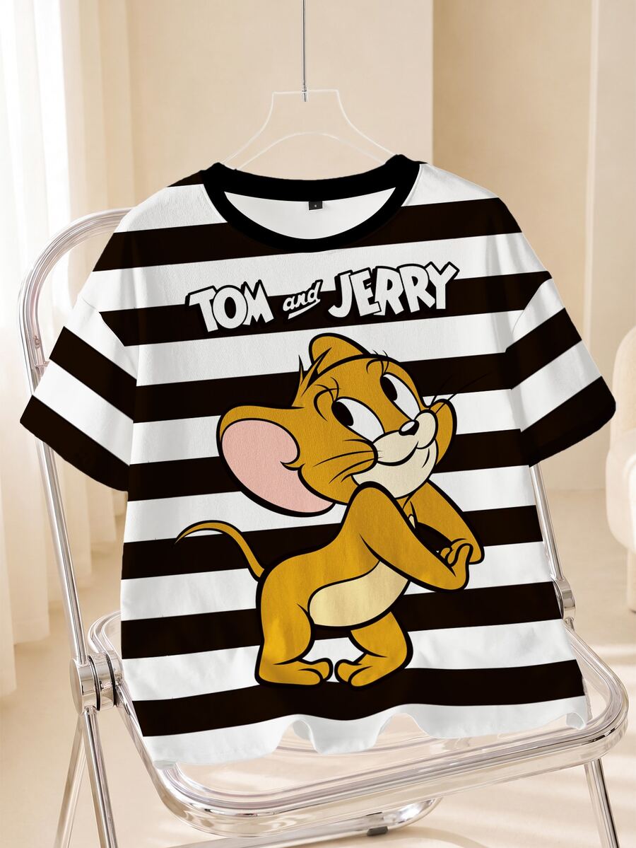 TOM & JERRY X SHEIN Women's Letter Striped Print Round Neck Short Sleeve Casual T-Shirt - White - View 1