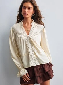 Willow Rêve Women's Contrast Lace V-Neck Long Sleeve Casual Blouse - Cream - View 4