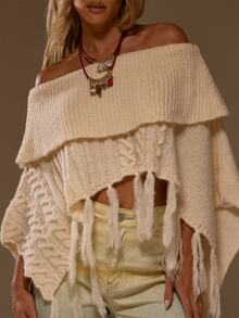 MUSERA Cream Cable Knit Fringed Poncho Autumn Fall Winter Coolgirl Women Outfit - White - View 5