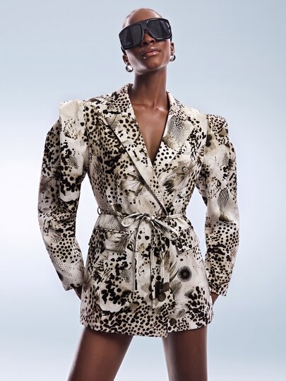 Aveloria GENKIRA Blazer femme oversize Y2K, beige et noir contrasté, imprimé animal léopard mélangé à motif floral papillon et orchidée, épaules larges structurées, design minimaliste, taille cintrée avec ceinture à nouer réglable, décontracté, pour trajets quotidiens, mix & match polyvalent, style fête automne/hiver