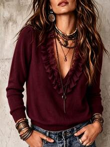 LUMIGAL Sweater Wanita Lengan Panjang Leher V dengan Motif Patchwork dan Hiasan Rumbai - Burgundy - View 1