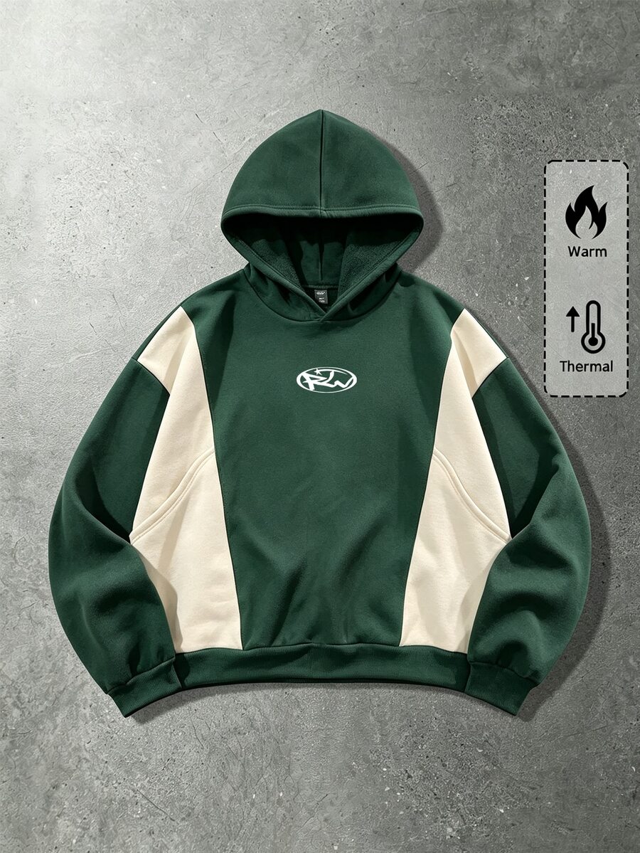 ROMWE MEN Street Life Sweatshirt Pria Lengan Panjang Berkerudung dengan Desain Blok Warna, Modis, Serbaguna untuk Musim Gugur - Dark Green - View 1