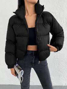 SHEIN Plus Slant Pockets Zip Up Solid Color Casual Padded Coat - Black - View 2