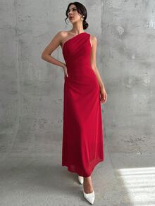 Firerie 女款優雅正式辦公通勤休閒度假派對復古教師風網紗素色連身裙 - 紅色 - 查看 5