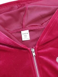 SHEIN 青少年女孩秋冬休閒時尚天鵝絨蝴蝶結水鑽連帽拉鍊運動衫與修身喇叭褲兩件套 - 玫紅色 - 查看 6