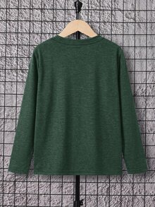 SHEIN 青少年男孩純色半門襟 Polo 長袖 T 恤 - 墨綠色 - 查看 2