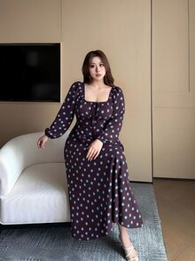 Vibekara 大尺碼女款波點圖案前綁帶長袖優雅洋裝 - 彩色 - 查看 6