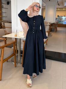 Solavon Gaun Vintage Desain Baru dengan Ikat Pinggang dan Kancing Logam, Elegan, Melangsingkan, dan Serbaguna untuk Sehari-hari - Navy Blue - View 4