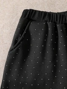 SHEIN 青少年女孩亮面水鑽裝飾直筒寬腿運動褲 街頭風 寬鬆版型 鬆緊腰 秋冬 校園萬聖節聖誕節 - 黑色 - 查看 3