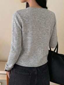 Dazy-Less Women's Grey Round Neck Button Cable Knit Long Sleeve Slim Fit Ribbed Cardigan, Autumn/Winter - Grey - View 2