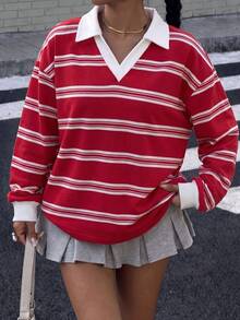 Muchica 女款休閒拼色寬鬆 Polo 領運動衫，女款秋冬服飾，條紋運動衫，街頭風 - 彩色 - 查看 5