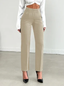 SHEIN Tall Women's Solid Color Button Front Pocket Casual Long Pants - Beige - View 3