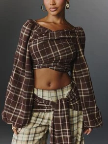 NYA SZN Women's Cross One-Shoulder Plaid Pattern Short Top, Urban Renaissance Street Style Casual Fashion Creative Personalized Streetwear - Coffee Brown - View 7
