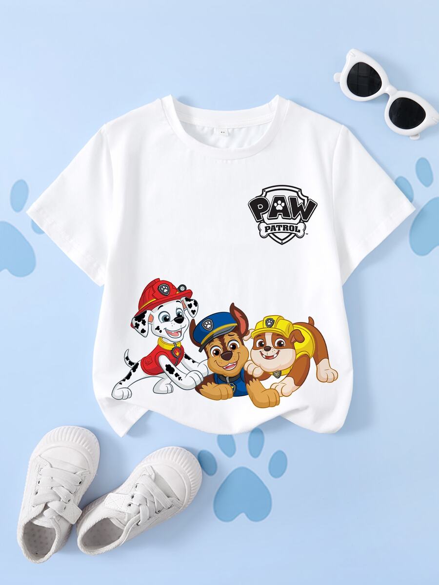 SHEIN | PAW Patrol 小男孩卡通印花休閒日常短袖T恤 - 白色 - 查看 1