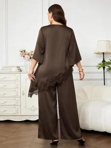 SHEIN Clasi Women's Lace Asymmetrical Hem Pleated Top And Satin Loose Fit Pants 2 Pieces Set - Coffee Brown - View 2
