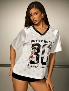 Betty Boop x SHEIN Women's Fashion Cartoon Print Short Sleeve T-Shirt - White - View 5