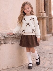 Young Girl Fall Winter Fuzzy Fleece Bow Sweatshirt & Skirt 2pcs Set - White - View 1