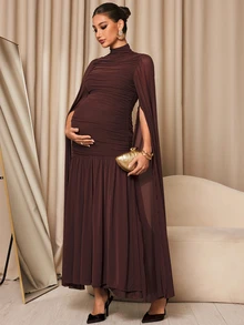MaterniChic Maternity Elegant Pleated Dress For Evening Party - Brown - View 5