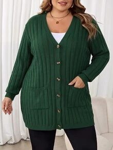 SHEIN CURVE+ 大尺碼女款落肩長袖單排扣商務休閒度假鄉村風冬季針織開襟衫 - 綠色 - 查看 5