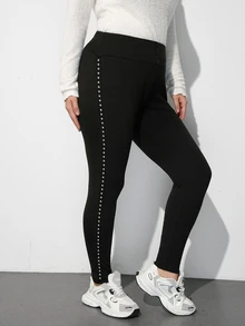 Maija Plus Size Women's High Waist Rivet Decor Fashion Casual Slim Fit Jogger Pants - Black - View 4