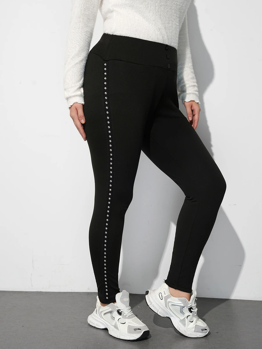 Maija Plus Size Women's High Waist Rivet Decor Fashion Casual Slim Fit Jogger Pants - Black - View 1