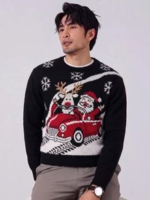 Manfinity Homme 男士圓領長袖套頭毛衣，休閒提花針織秋冬服飾，黑色寬鬆版型聖誕風格，雪花聖誕老人馴鹿圖案套頭毛衣 - 黑色 - 查看 3