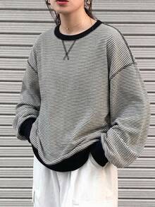 FRIFUL 女款圓領條紋長袖休閒T恤 - 黑與白 - 查看 6