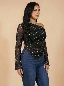 Modelyn 大尺碼女款波點印花不對稱下擺不對稱肩長袖T恤 - 黑與白 - 查看 9