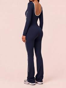 SHEIN BAE Women's Piped Long Sleeve Daily Fitness Sports Jumpsuit - Navy Blue - View 2