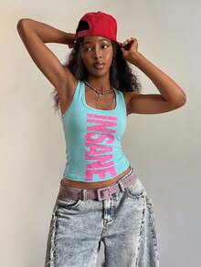 Fiercella Fiercella Women's Spring/Summer U-Neck Light Pink Wasteland Style Print Slim Fit Comfortable Streetwear Y2K Hot Girl Rock Sexy Tank Top Rave Concert - Royal Blue - View 4