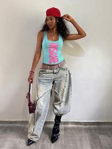 Fiercella Fiercella Women's Spring/Summer U-Neck Light Pink Wasteland Style Print Slim Fit Comfortable Streetwear Y2K Hot Girl Rock Sexy Tank Top Rave Concert - Royal Blue - View 6