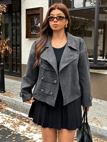 Vionelle Mantel Kasual Musim Gugur/Musim Dingin Wanita Ukuran Besar Elegan Warna Polos Campuran Wol dengan Gesper Logam dan Kerah Tegak serta Sabuk - Dark Grey - View 3
