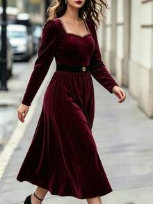 Velvienne Plus Size Women's Elegant Knitted Autumn Dress Christmas - Burgundy - View 3