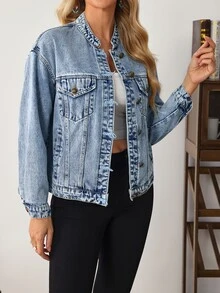 SHEIN Women's Long Sleeve Single-Breasted Casual Pocket Denim Jacket - Blue - View 6