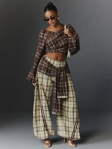 NYA SZN Pant Tie Button Up Plaid Stripe Holiday Festival Special Occasion Everyday Casual Work Concert Going Out Club Cozy Party Brown Neutral Fall Winter - Brown - View 2