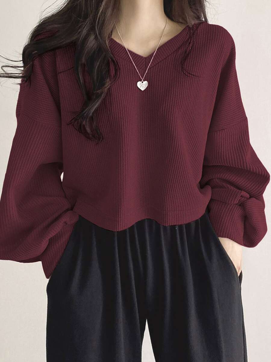 DAZY Women's Solid Color V-Neck Fashion Casual Long Sleeve T-Shirt - Red - View 1