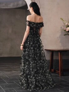 Anewsta Affair Women's V-Neck Cold Shoulder Backless Tie-Up Dress With Handmade 3D Floral Decor And Shiny Mesh Patchwork Evening Party Dress - Black - View 2