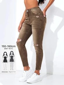 SHEIN PETITE 女款性感鈕扣破洞口袋牛仔褲 - 棕色 - 查看 1