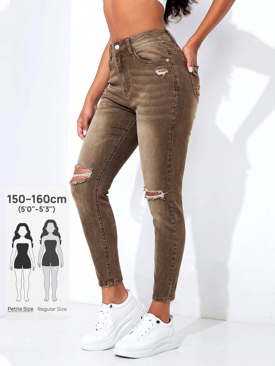 SHEIN PETITE 女款性感鈕扣破洞口袋牛仔褲 - 棕色 - 查看 1